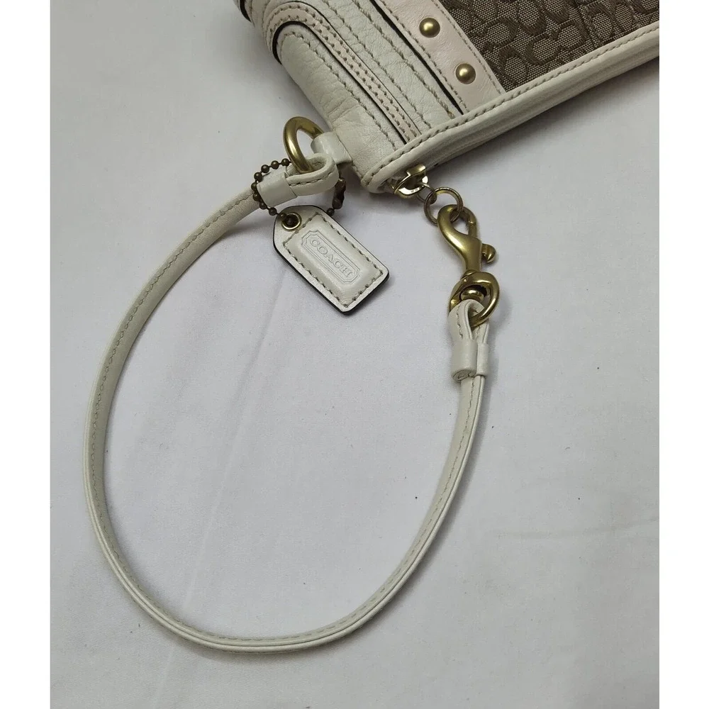 Coach Mini C Brown Canvas Leather Trim Studded Zipper Wristlet - Coin Wallet